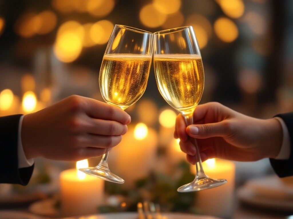 Brautpaar stößt mit Champagner an.