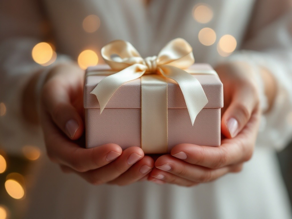 Edles Hochzeitsgeschenk mit Satinschleife wird überreicht.