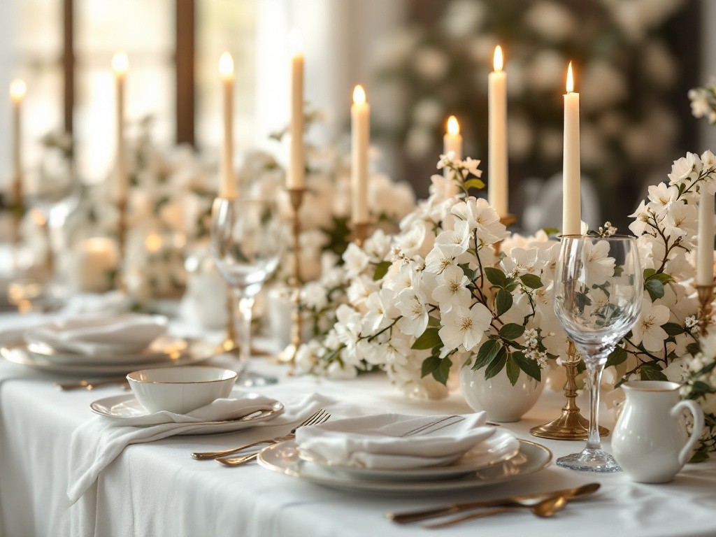 Festlich gedeckter Hochzeitstisch mit Blüten und Kerzen.