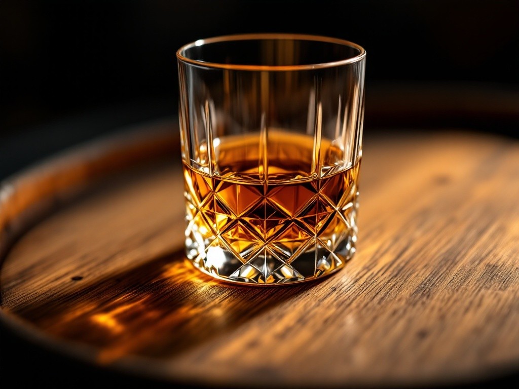 Bernsteinfarbener Whisky im geschliffenen Kristallglas vor einem Eichenfass.